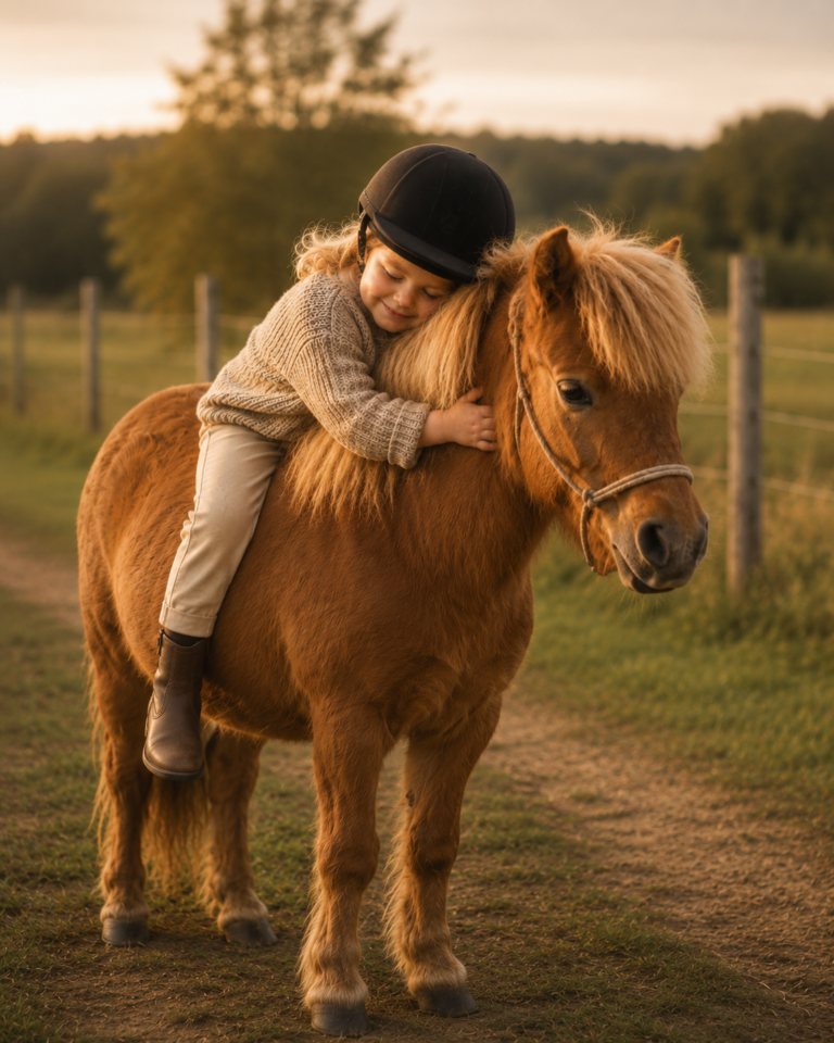 Glückliches Mädchen sitzt ohne Sattel auf einem Pony