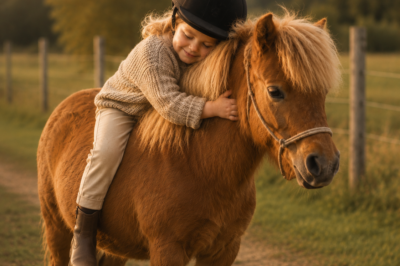 Ein kleines Mädchen umarmt lächelnd ihr Pony