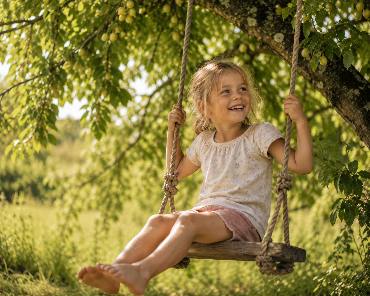 Kind auf der Schaukel im alten Mirabellenbaum auf dem Naturspielplatz der Schäferei Rolfs