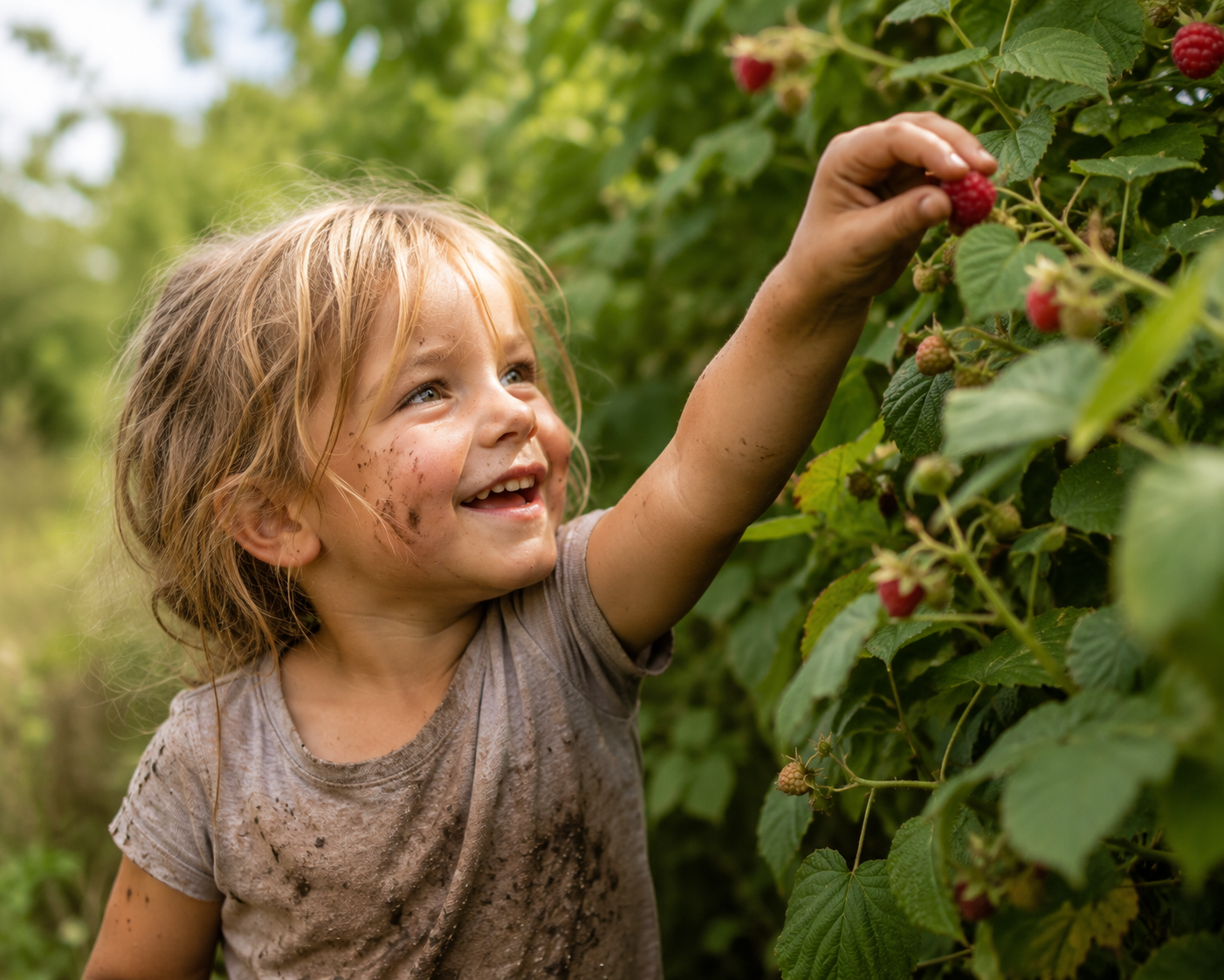 Kind pflückt Beeren auf dem Naturspielplatz der Schäferei Rolfs