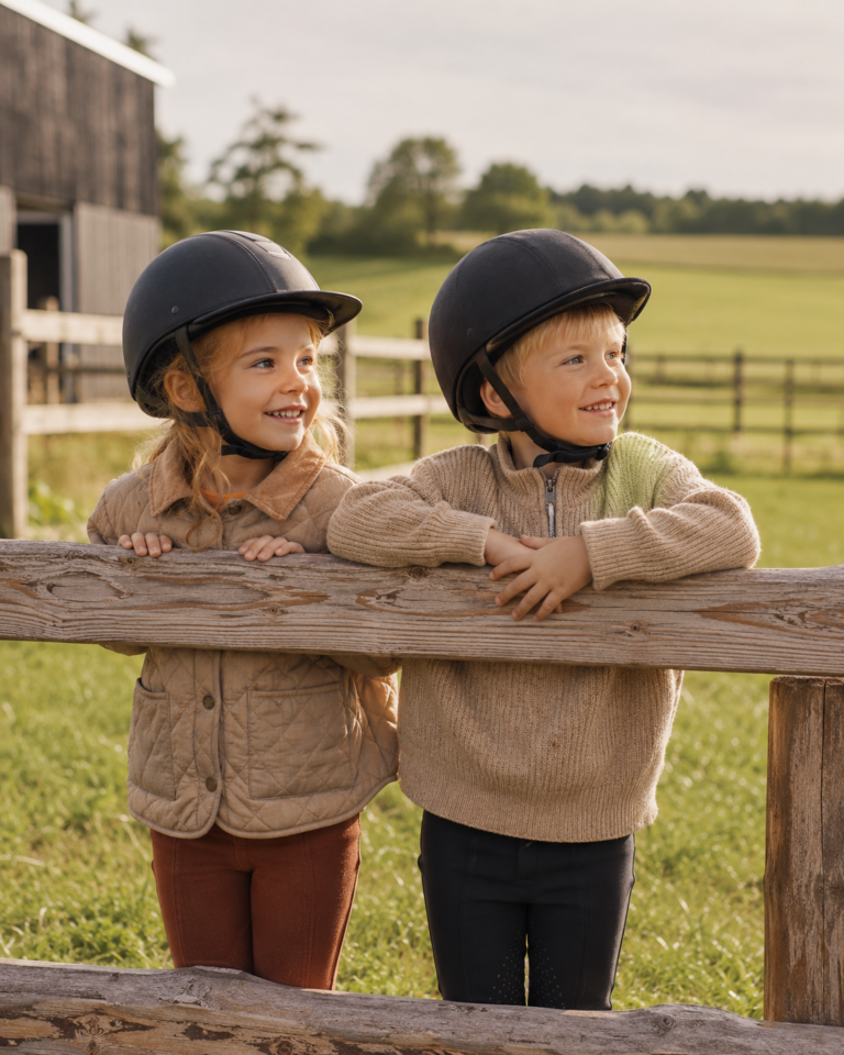 Kinder mit Reithelm am Zaun