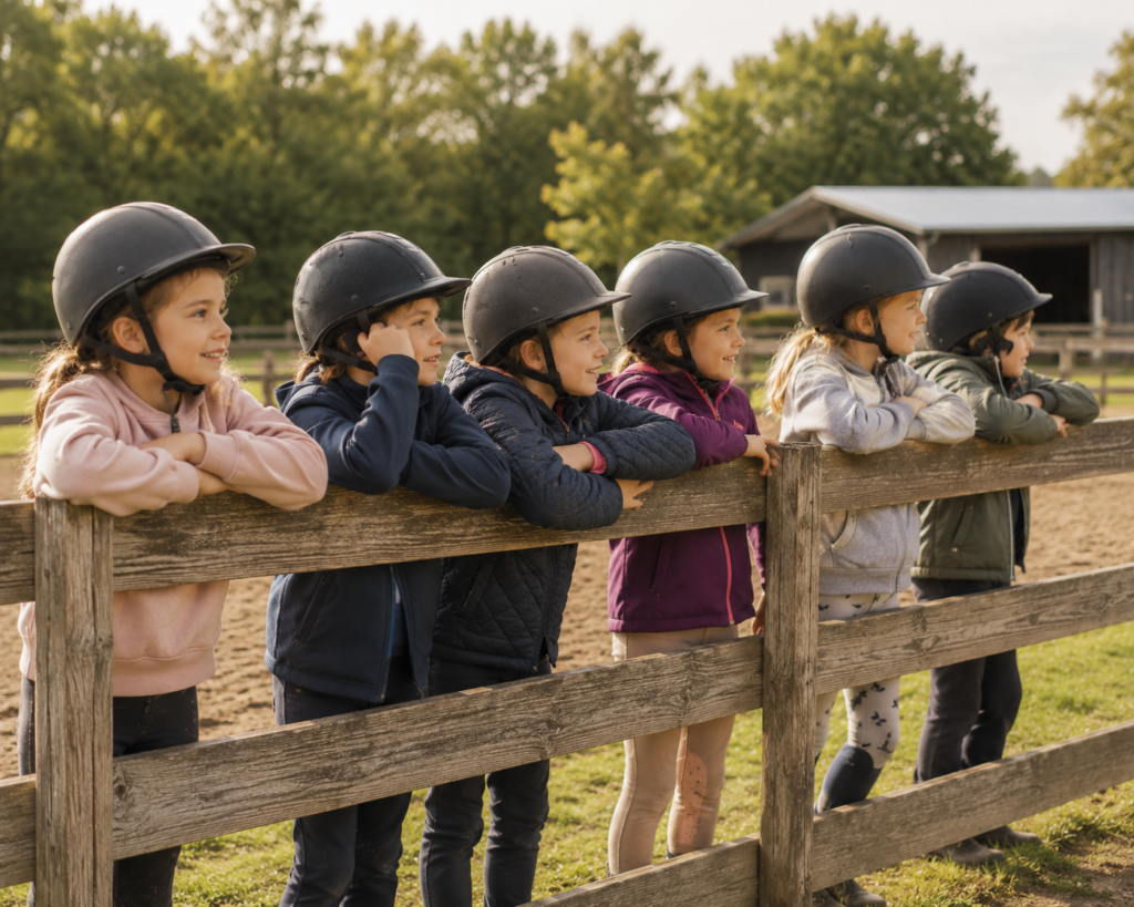 Kinder mit Reithelmen lehnen gespannt am Zaun und warten auf den Start des Ponyclubs
