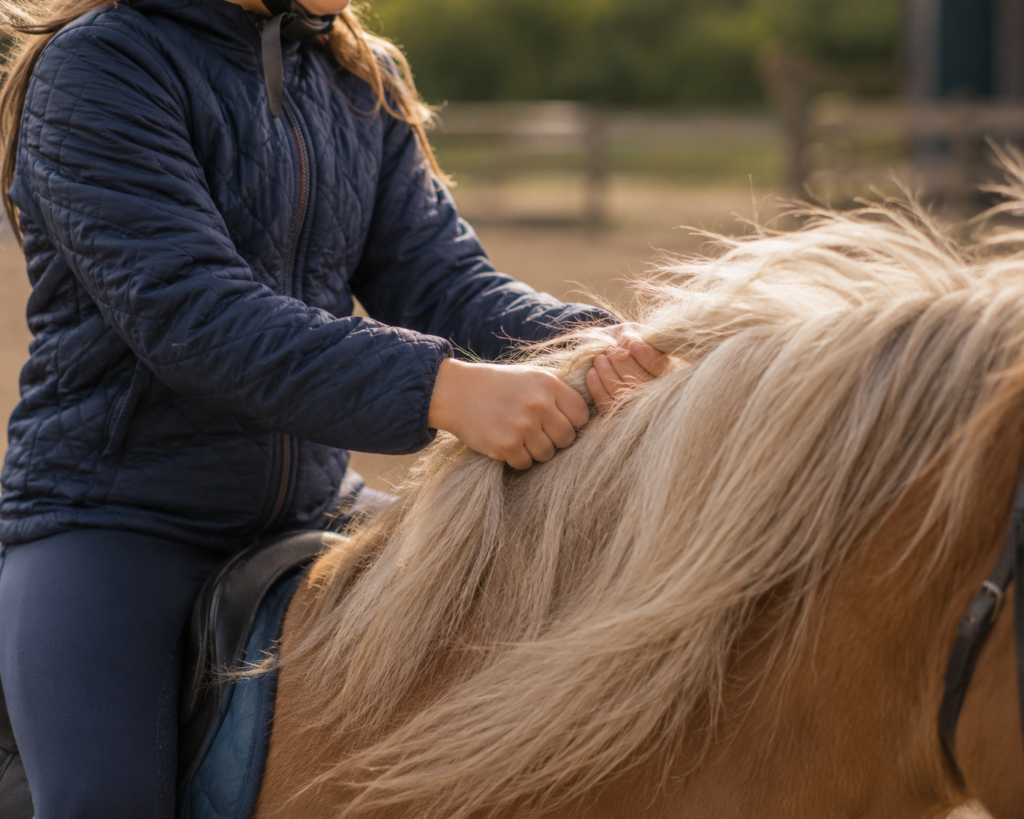 Kinderhaende halten sich vertrauensvoll an der Maehne des Ponys fest
