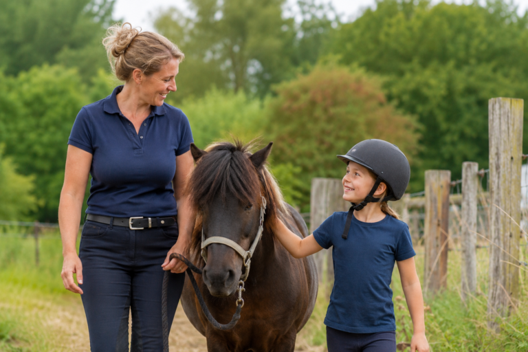 Mama begleitet ihr Kind beim Pony führen