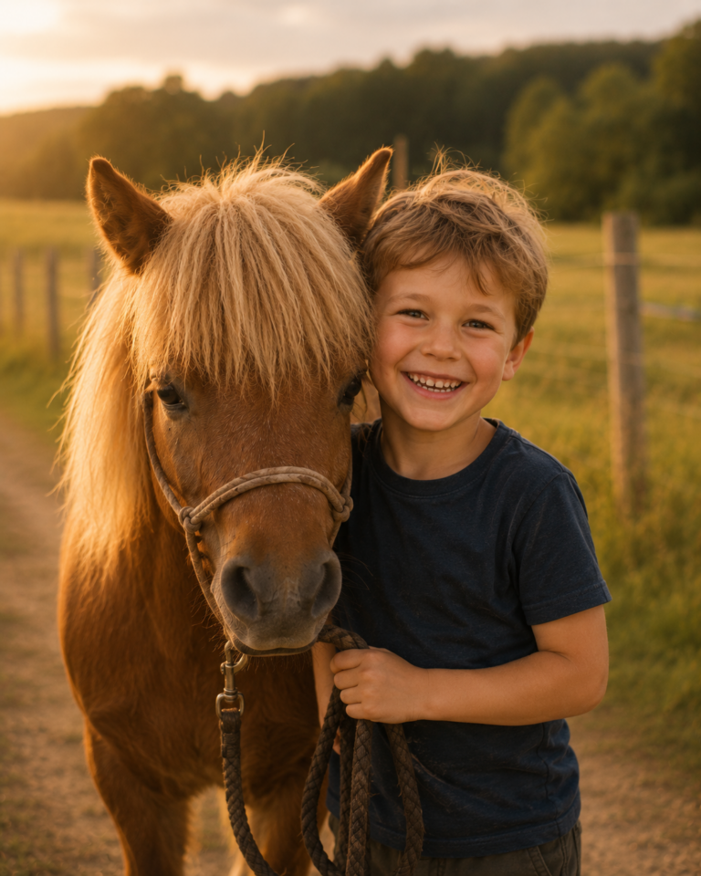 Strahlender Ponyjunge ohne Sattel auf dem Pony