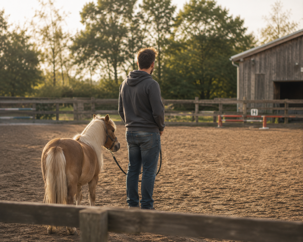 Ein Vater wartet mit seinem Pony auf den Beginn der Ponyclub-Runde