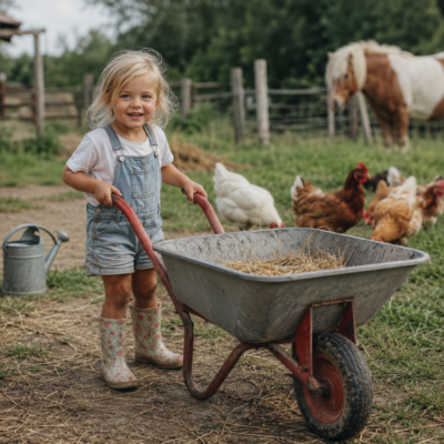 Kind mit Schubkarre auf dem Bauernhof, im Hintergrund ein Pony und Hühner