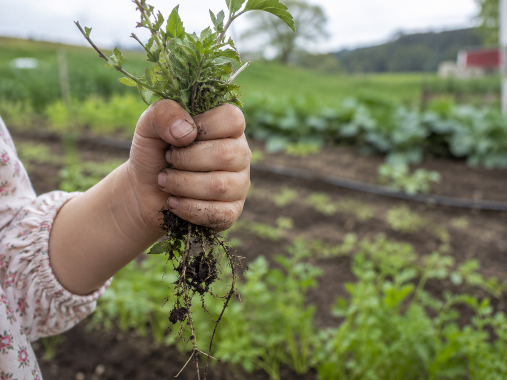 Kinderhand hält ausgerissenes Unkraut über einem Gemüsebeet