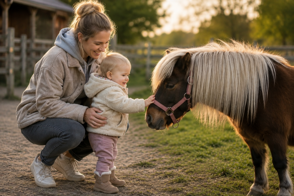 Mama streichelt mit ihrem Kind ein Pony auf dem Hof