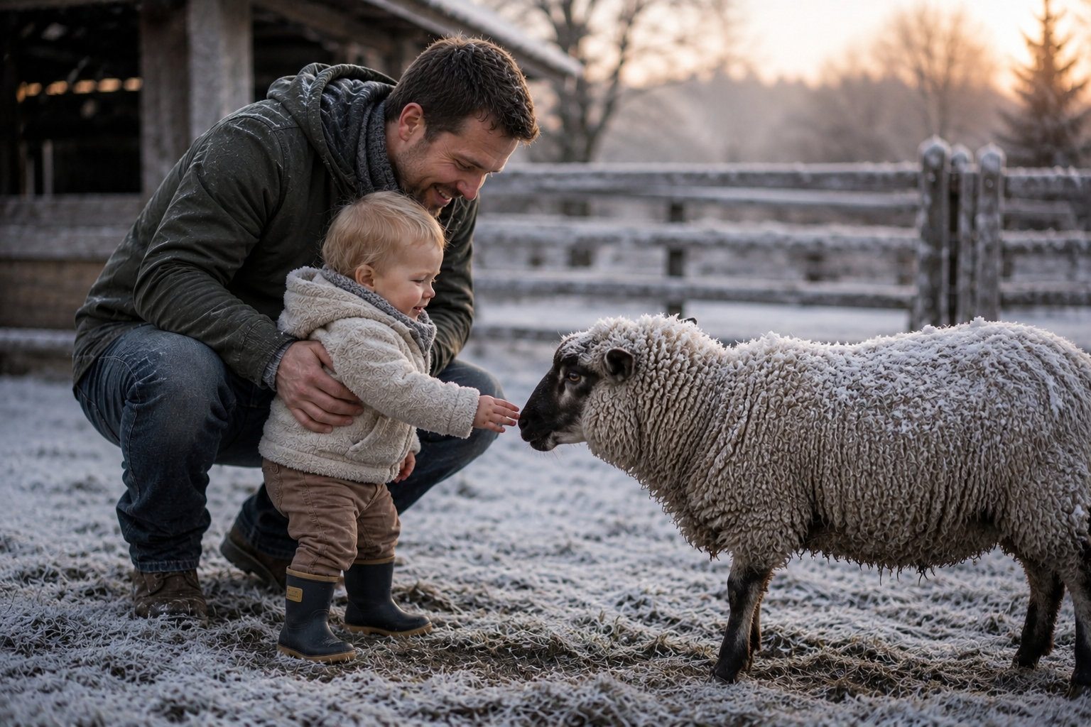 Vater und Kleinkind streicheln an einem frostigen Wintermorgen ein Schaf auf dem Hof