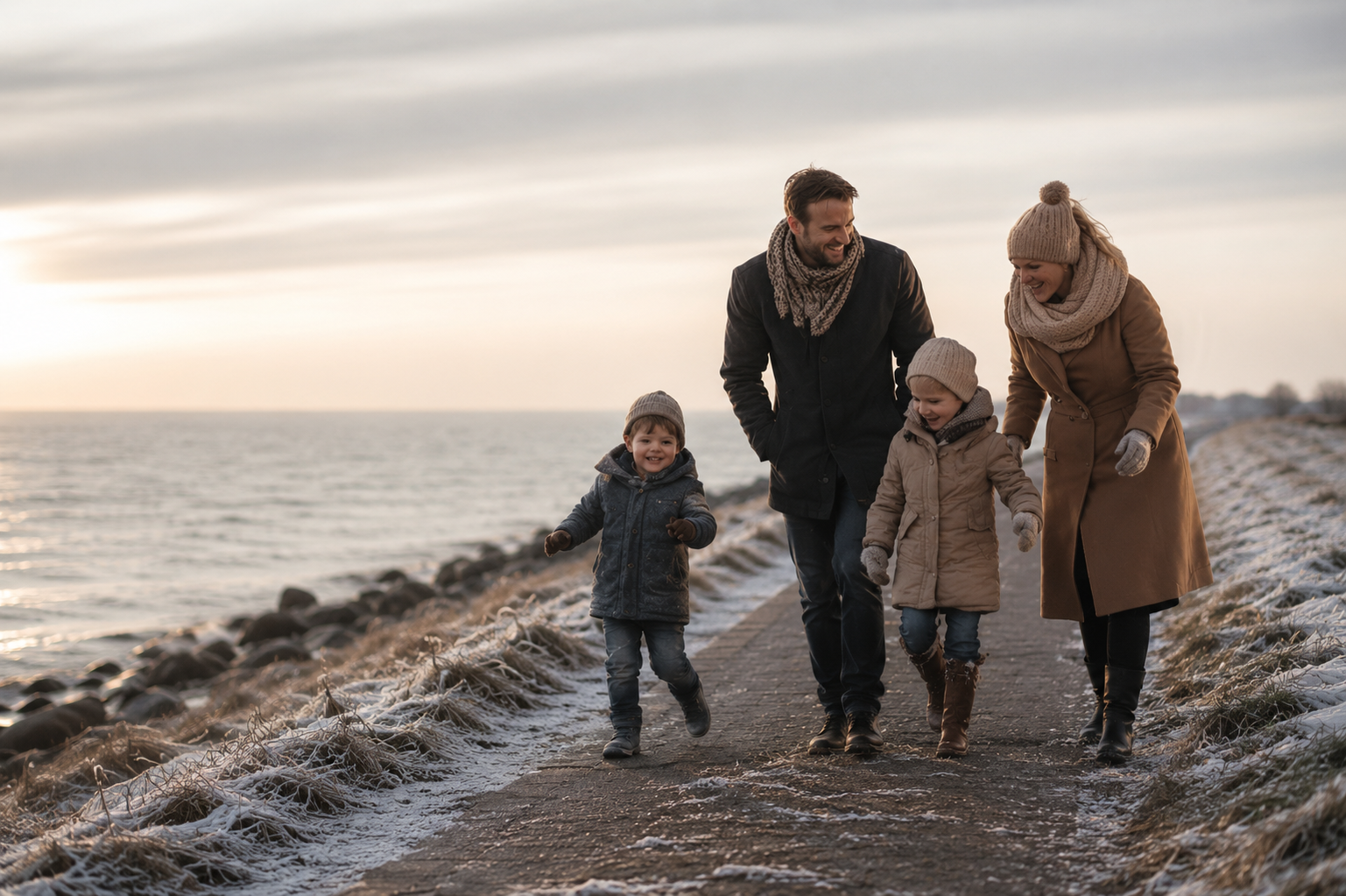 Familie mit zwei Kindern beim Winterspaziergang auf einem Weg am Wasser