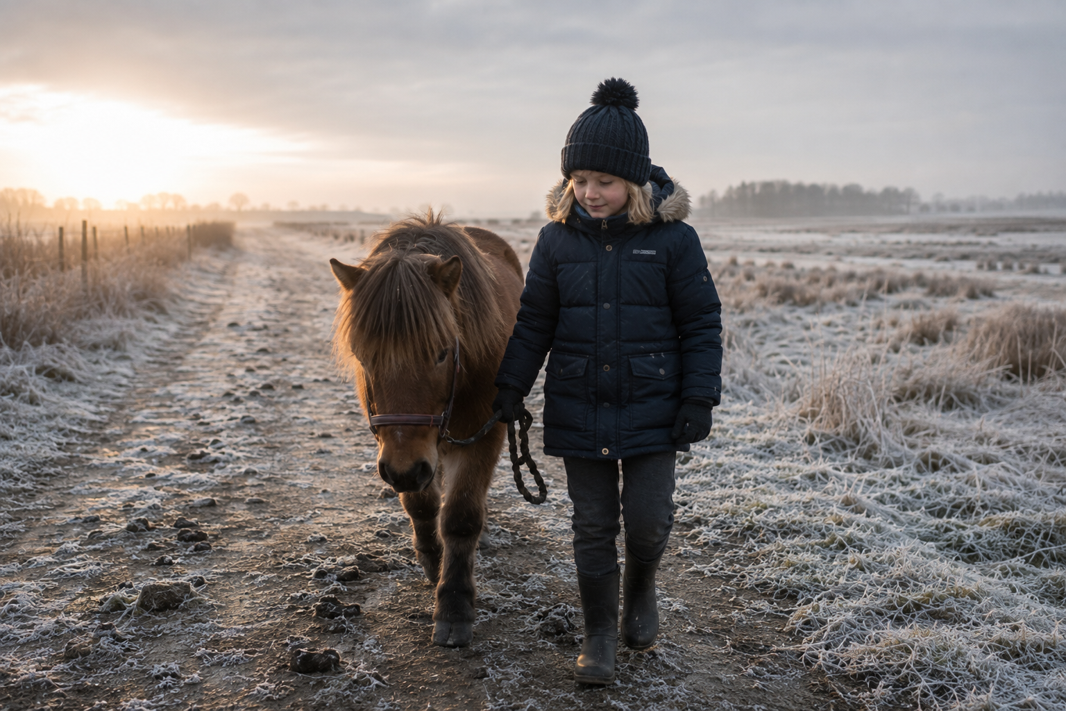 Mädchen führt bei Raureif ein Pony über einen Feldweg