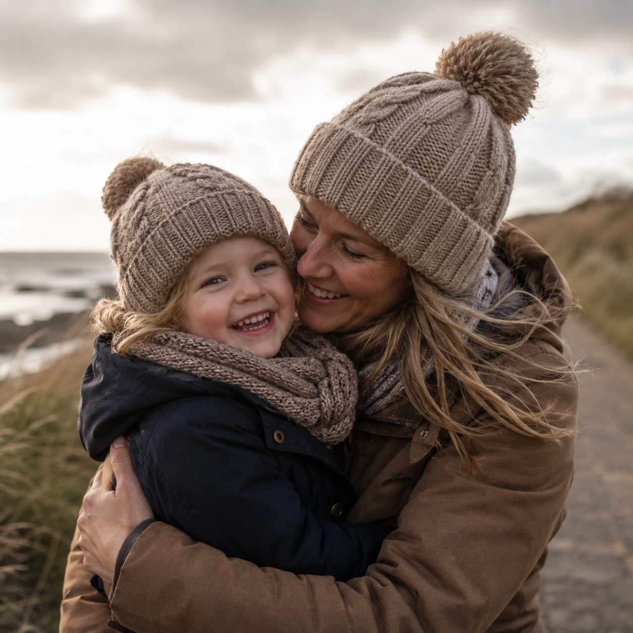 Mutter und Kind mit Wollmützen lachen an einem winterlichen Küstenweg