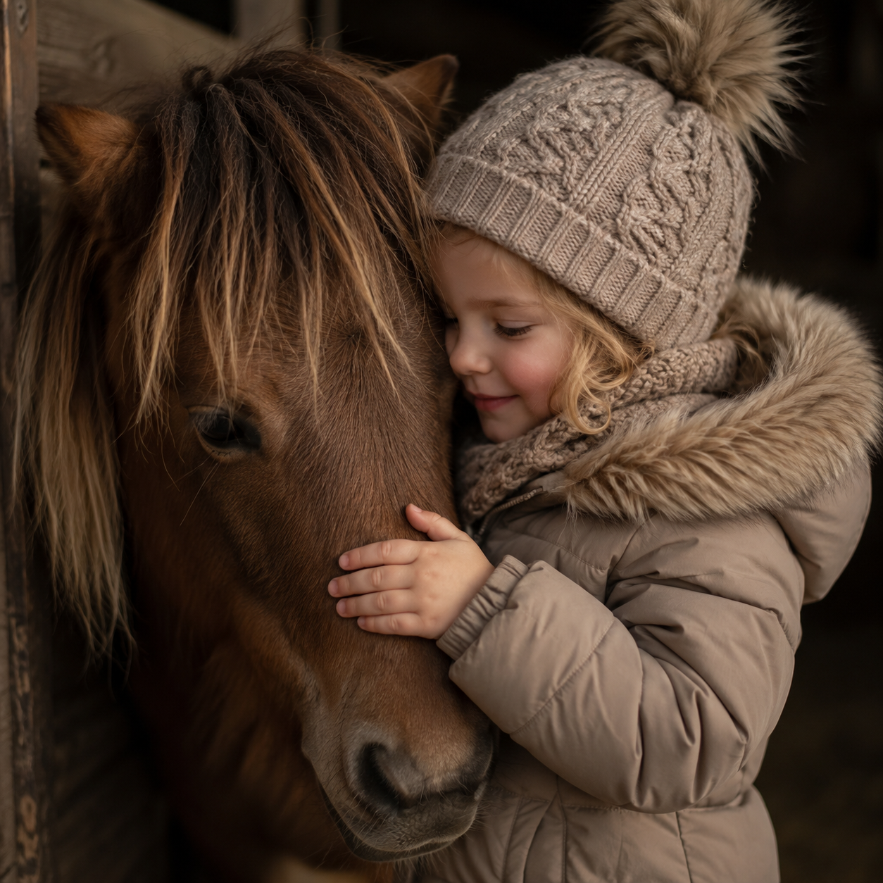 Mädchen mit Strickmütze schmiegt sich im Stall an ein Pony