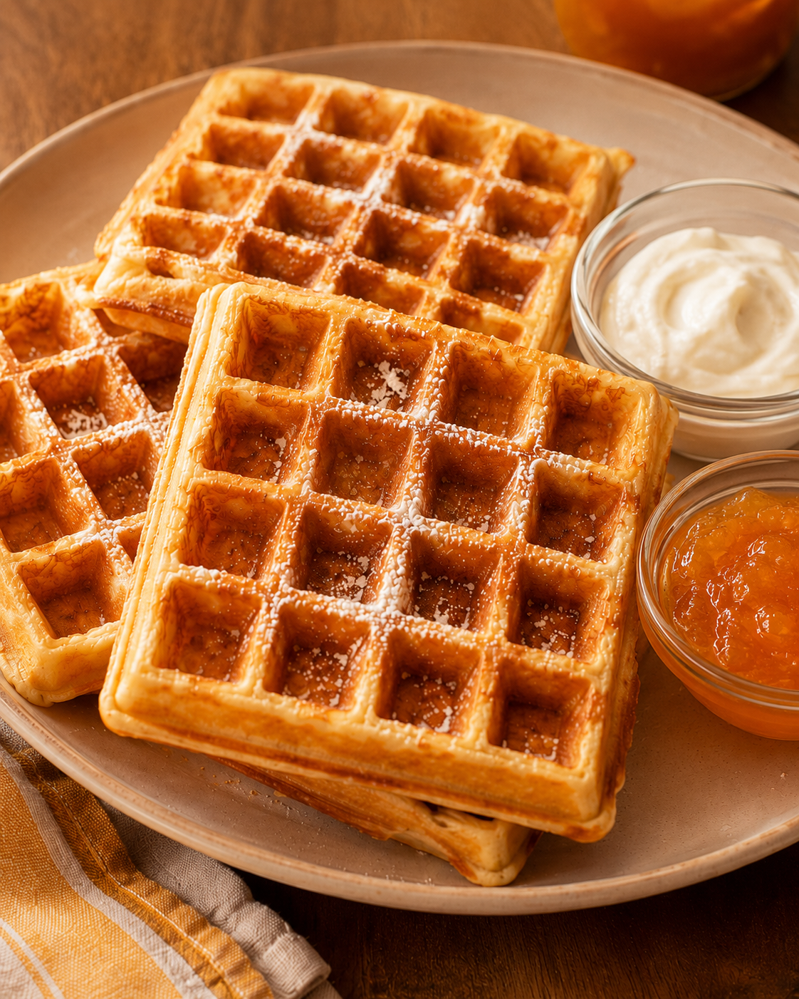 Waffeln mit Puderzucker auf einem Teller, dazu Schälchen mit Quark und Fruchtaufstrich